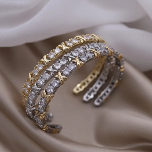 Lettre Luxe – Two-Tone 'X' Zircon Open Cuff Bracelet
